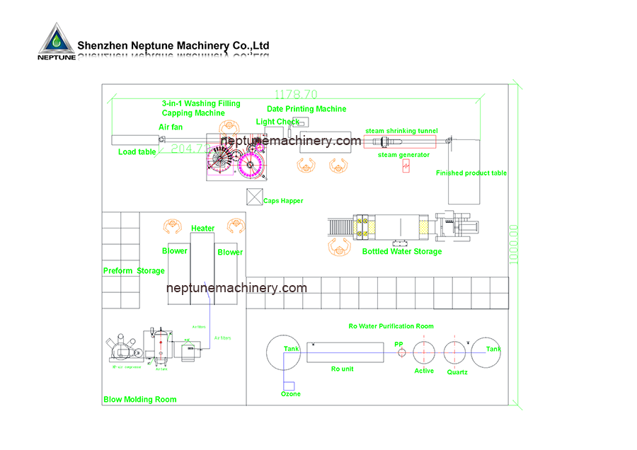 150square meter small bottle water production plant layout