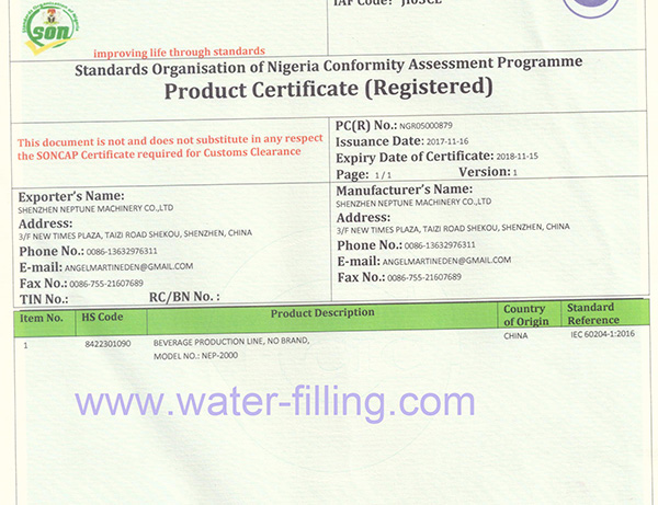SONCAP certificate of neptune machinery